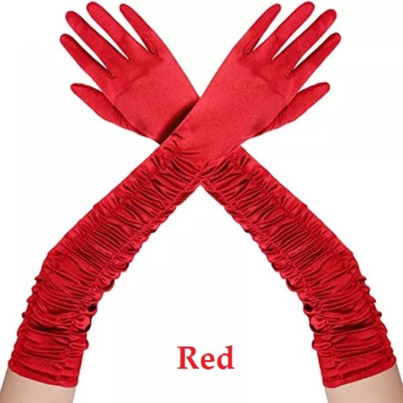 Elbow Length Long Satin Gloves Shirred Elbow Gloves - Picture 4 of 9